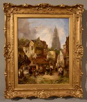 Oil Painting By Alfred Montague "A Busy Market Sce