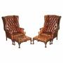 Pair Wingback Armchairs & Matching Footstools 