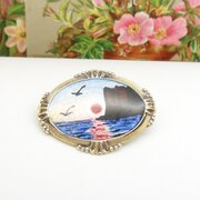  Vintage Silver Gilt Enamel Coastal Scene Brooch 