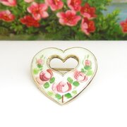  Vintage Silver Rose Enamel Heart Brooch