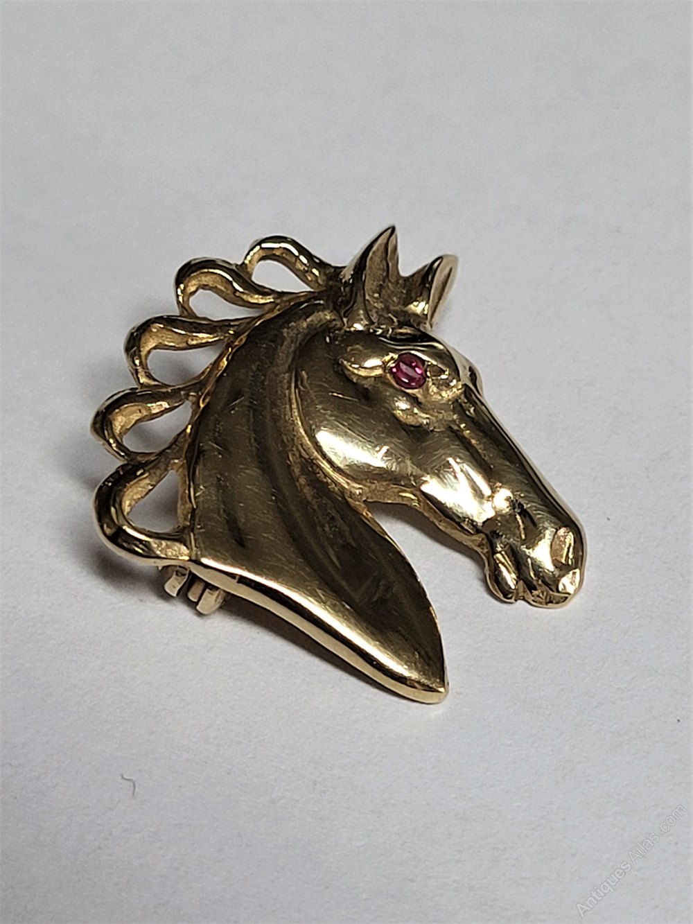 Antiques Atlas 9ct Gold & Ruby Horse Head Brooch Pin.