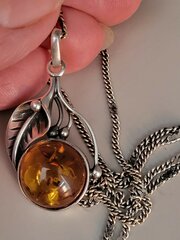  A Silver & Amber Pendant & 22" Chain.Art Nouveau.