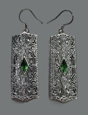 Art Deco Silver & Emerald Paste Earrings. 5.3 Cm.
