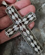 Huge Silver Marcasite & Quartz Cross.10cm. 32g