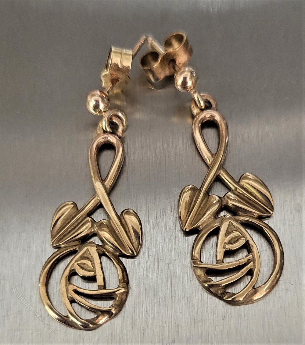 Picture of Antiques Atlas - Mackintosh Style 9ct Gold Long Drop Earrings.