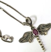 Silver & Ruby Mayfly Pendant & Chain.