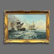 Large Maritime Naval Sea Battle Oil On Canvass