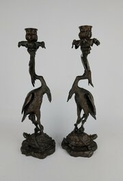 Pair Of Bronze Stork Candlesticks