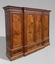 19th C Victorian Burr Walnut Breakfront Wardrobe