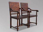 Pair Of 19th C Oak Woven Leather Armchairs