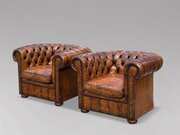 Pair Of Brown Leather Chesterfield Club Armchairs