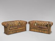 Pair Of Green Leather 2-Seater Chesterfields