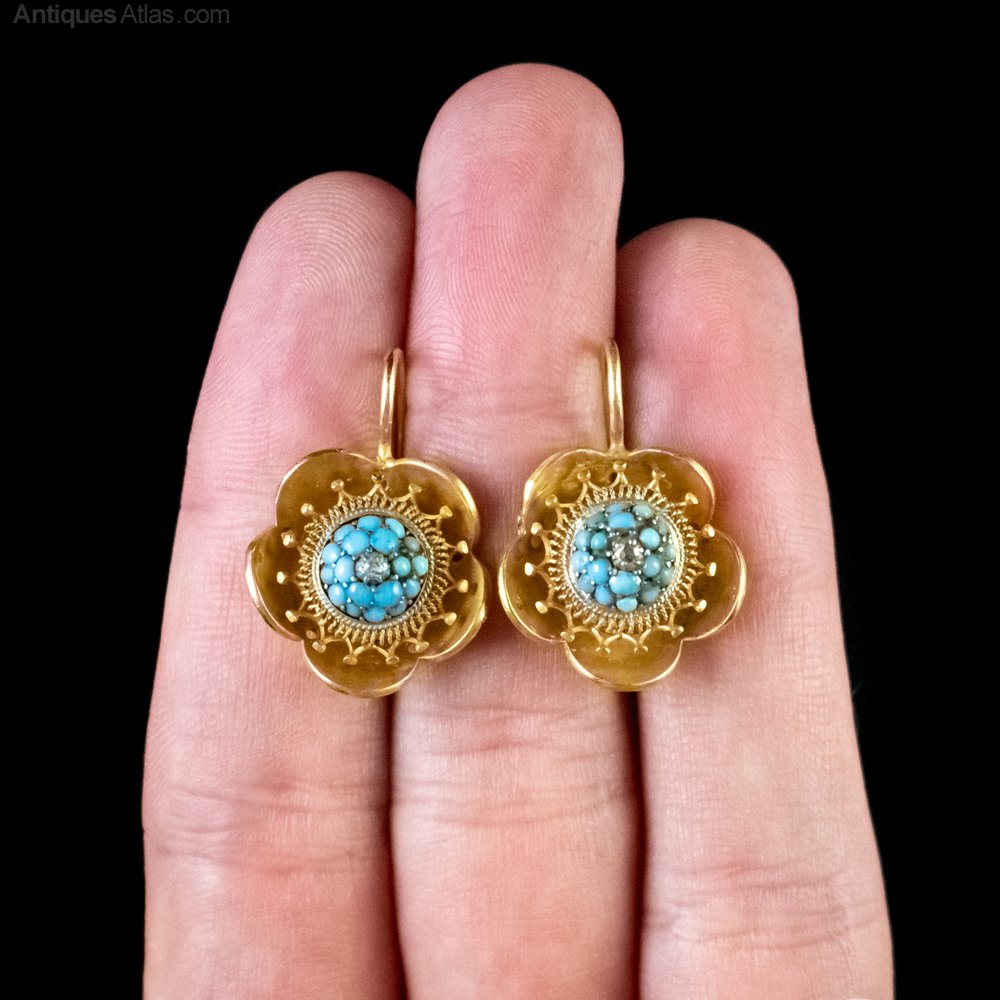 Antiques Atlas Antique Victorian Flower Earrings Turquoise Gold