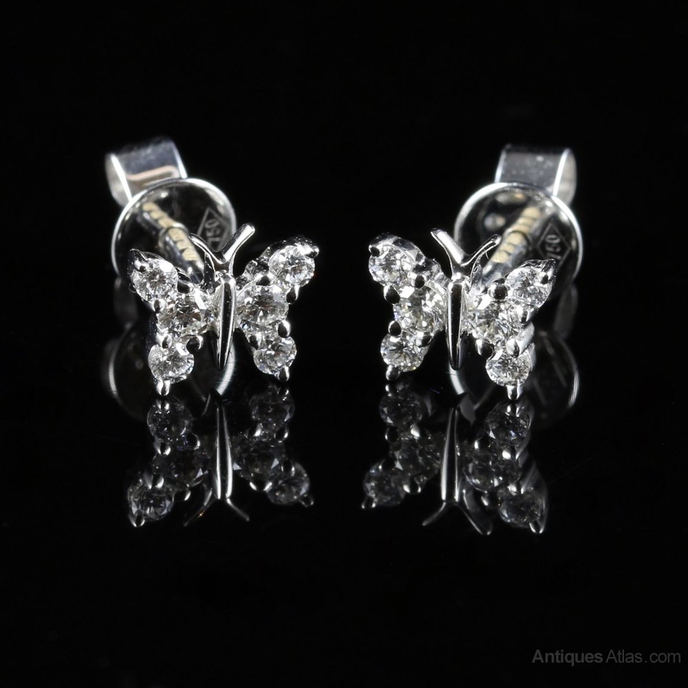 Antiques Atlas - Diamond Butterfly Earrings 18ct White Gold