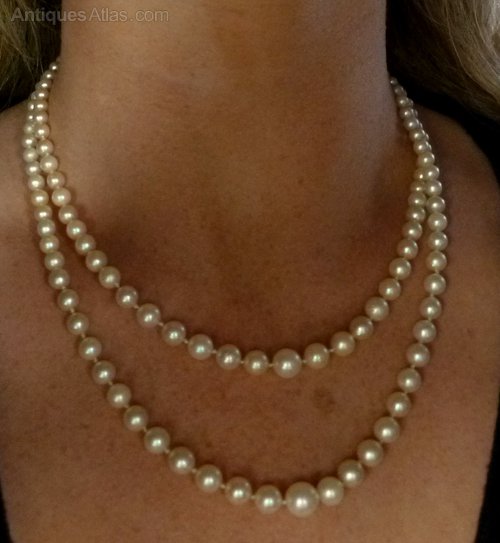 Antiques Atlas Double Strand Pearl Necklace With Saphire & Diamond