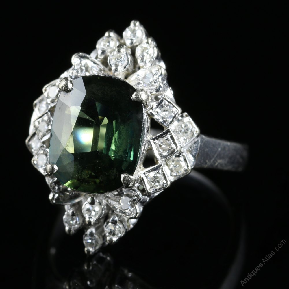 Antiques Atlas Green Sapphire Diamond Ring 18ct White Gold Rare