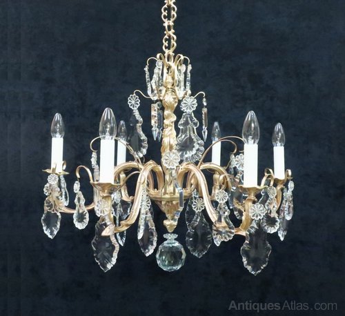 Antiques Atlas French Brass Crystal Glass Six Branch Chandelier French Brass Crystal Glass Six Branch, Six Branch Crystal Chandelier