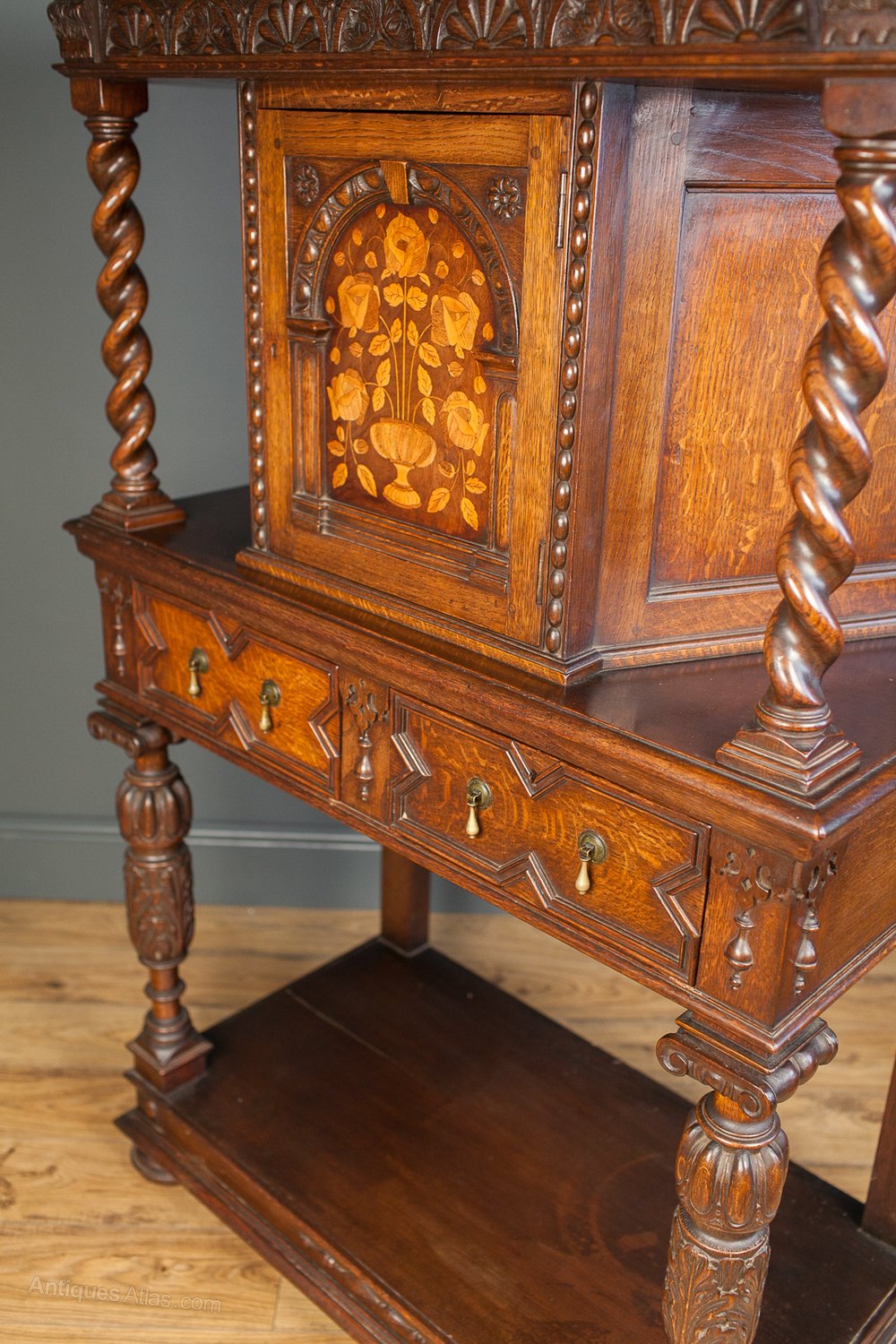 Jacobean Revival Inlaid Oak Court Cupboard Antiques Atlas
