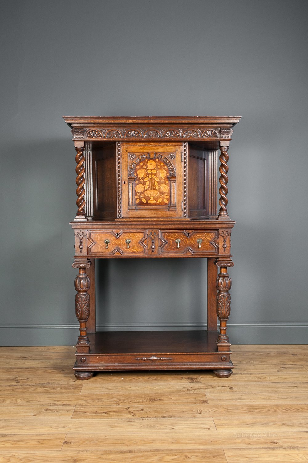 Jacobean Revival Inlaid Oak Court Cupboard Antiques Atlas