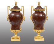 Pair Of Vases In Red Griotte Marble And Bronze.