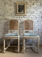 French Painted Cane Back Upholstered Chairs - Pair
