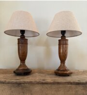Oak Urn Lamps With Linen Shades - Pair