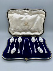 Edwardian Silver Spoons & Tongs Set, Elkington