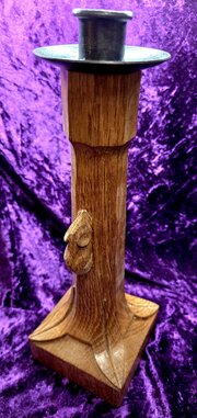 Mouseman Carved Oak Candlestick. 