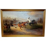Large Painting Runaway Horses Great Retreat WW1