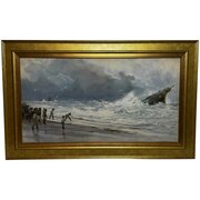 Large Victorian Painting Cornish Ship Wrecked