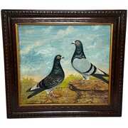 Old Badge Hen Racing Pigeon Trophy Oil Painting 