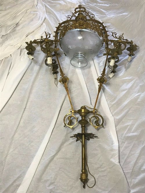 1 Large Vintage 1920's French Rococo Brass Chandelier Lighting 7 Branch Glass Dome 1 Large Vintage 1920's French Rococo Brass Chandelier Lighting 7 Branch Glass Dome