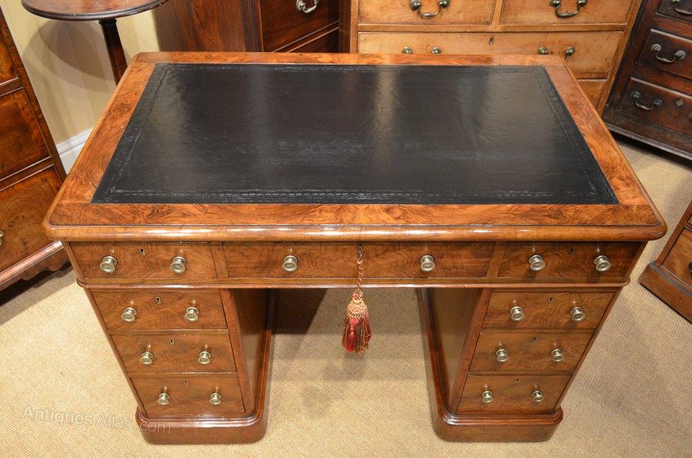 Walnut Pedestal Writing Desk With Black Leather. Antiques Atlas