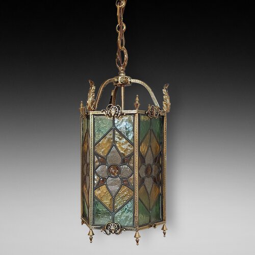 Early 20thC Brass and Leaded Stained Glass Lantern