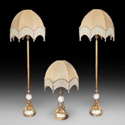 Early 20thC Spanish Alabaster & Gilt Lamp Set