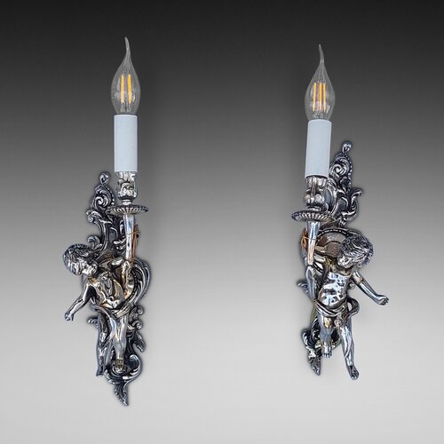 Pair of Early 20thC Gilt Metal Cherub Wall Sconces