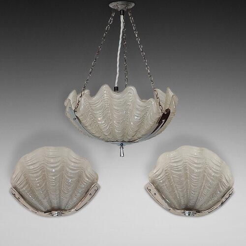 Suite of Art Deco Clam Shell Frosted Glass Lights