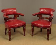 Pair Of Large Walnut & Leather Armchairs C.1890