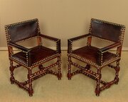 Pair Of Oak & Leather Armchairs C.1920