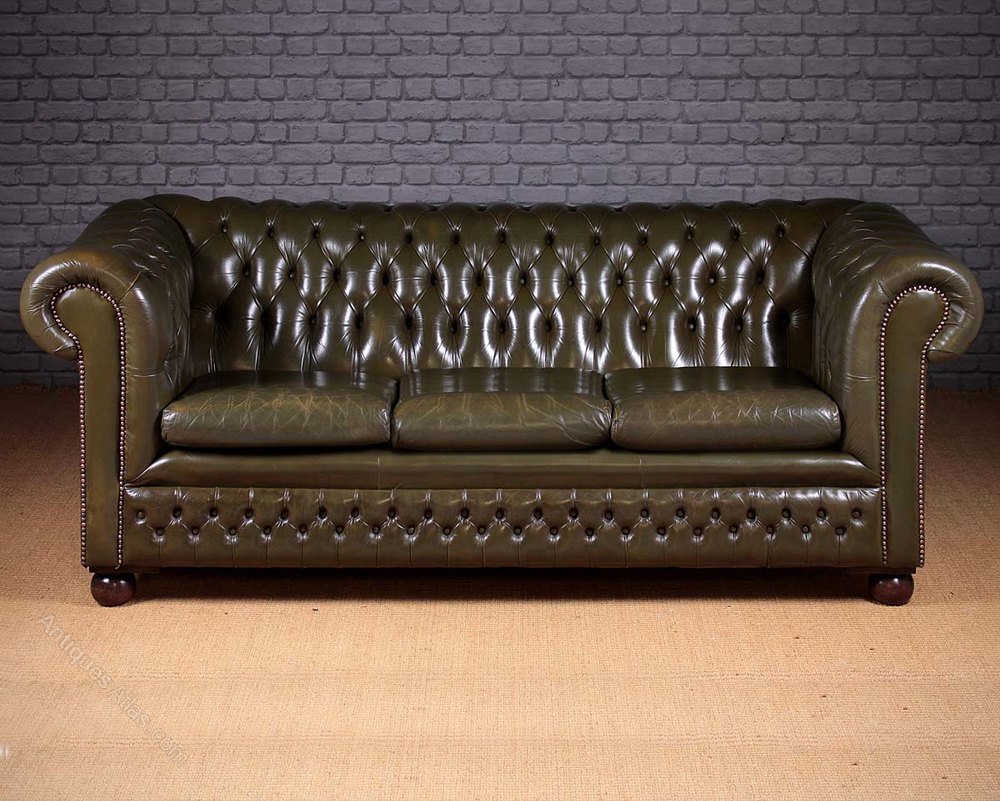 Antiques Atlas Vintage Green Leather Chesterfield Sofa C.1970.