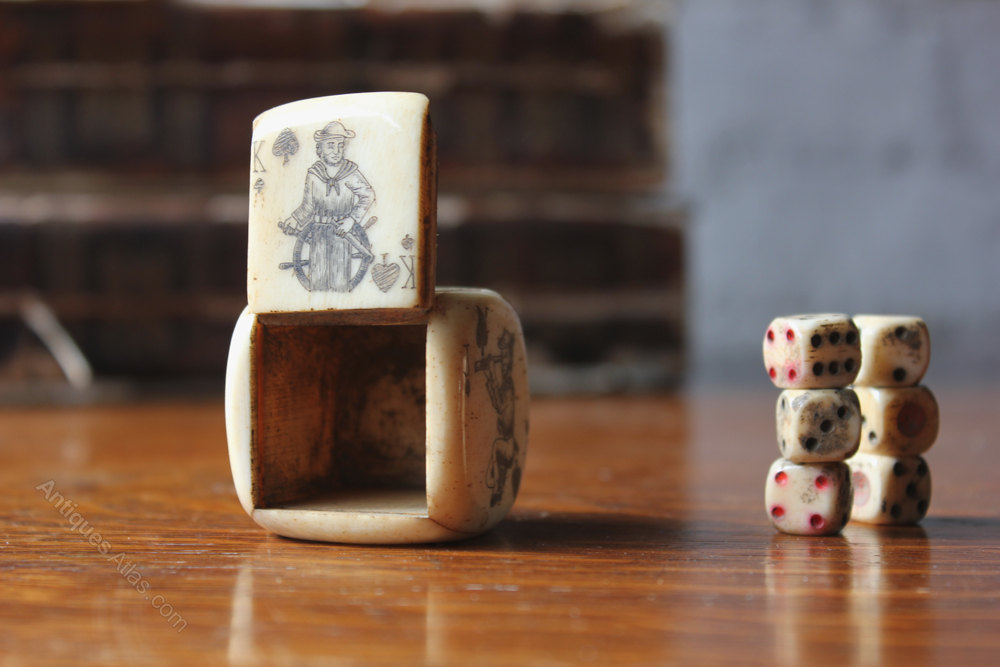 Antiques Atlas Carved Bone Scrimshaw Sailors Dice Holder & Dice