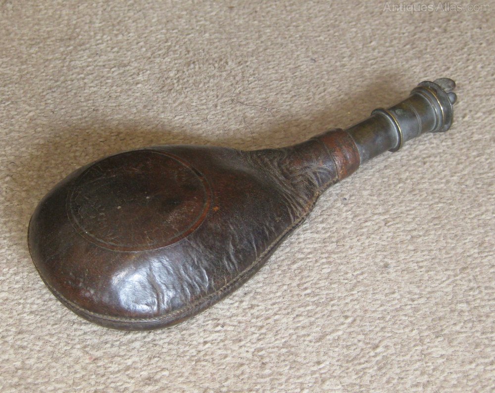 Antiques Atlas Lovely Old Leather And Brass Gunpowder Flask.