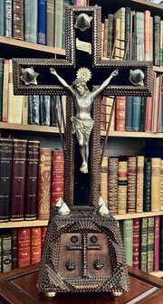 Tramp Art Religious Crucifix Hand Made Dated 1907