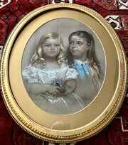 Victorian Pastel Drawing Of Young Children Framed