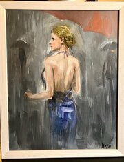 Young Lady In The Rain Signed Oil Painting