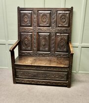 18th Century Carved High Back Oak Box Settle