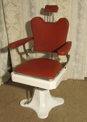 1of 2 French Vintage Vinyl & Enamel Barbers Chairs