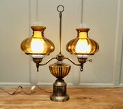 Antique Style Amber Oil Lamp Twin Brass Table Lamp