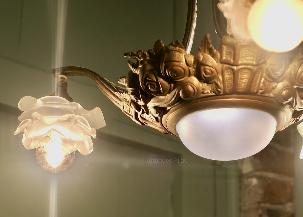 Antiques Atlas - Art Deco Brass And Glass 3 Branch Centre Light