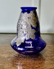 Art Nouveau Cobalt Blue Vase With Pewter Overlay 